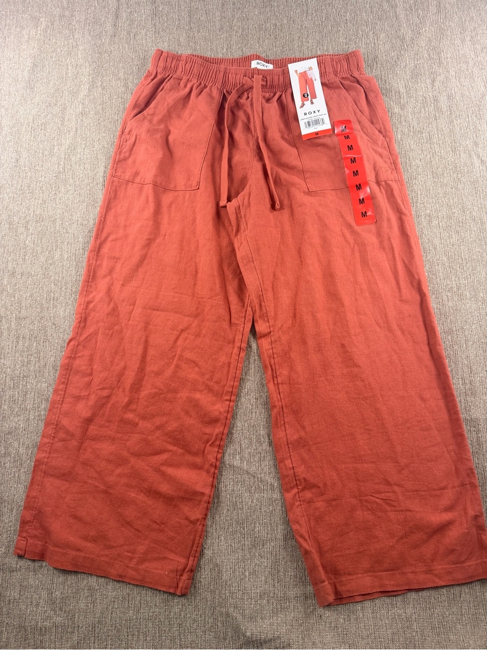 ROXY Womens Linen Blend Crop Pants Rust Red Wide Leg Medium NWT